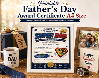 Attestato di riconoscimento "Super Papà", stampabile per la Festa del Papà, traguardo da supereroe (download digitale)