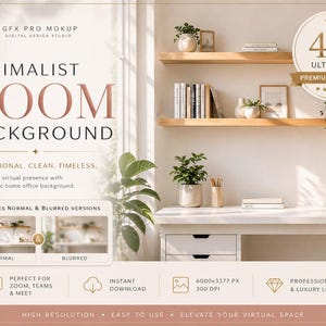 Może przedstawiać: Minimalistyczne tło Zoom z motywem domowego biura. Obraz przedstawia biurko z półkami, roślinami i książkami. Tekst zawiera "Minimalist Zoom Background" i "4K Ultra HD Premium Quality."