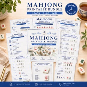 May include: A collection of printable Mahjong guides and cheat sheets. The bundle includes guides on how to play, beginner strategies, and a glossary. The guides are designed for seniors and beginners. The image features the text "Mahjong Printable Bundle".