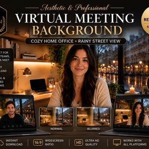 Op de afbeelding: Een advertentie voor virtuele vergaderachtergronden. De afbeelding toont een vrouw in een gezellige thuiskantooromgeving, met tekst die een hoge resolutie, direct downloaden en compatibiliteit met verschillende platforms aangeeft. Bevat twee mockups.