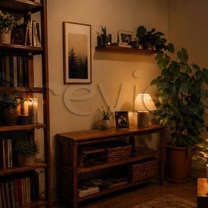 May include: A cozy living room scene with wooden bookshelves, a framed landscape art piece, and a wooden console table. The room is illuminated by a table lamp and natural light, with potted plants adding a touch of greenery. The overall aesthetic is warm and inviting.