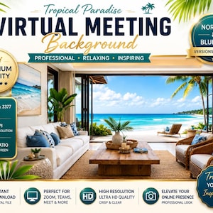 Beachfront Villa Zoom Background | Coastal Living Room, Ocean View (Digital Download)