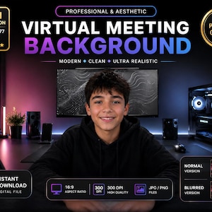 May include: A digital graphic promoting virtual meeting backgrounds. The image features a smiling person in front of a computer setup. Text includes "Virtual Meeting Background," "Modern, Clean, Ultra Realistic," and details about resolution, aspect ratio, and file types.