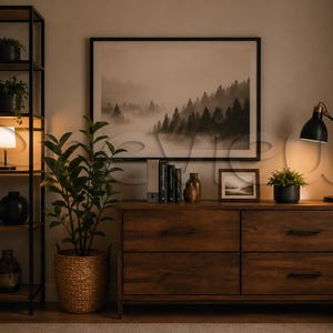 May include: A cozy interior scene featuring a dark wood dresser and a black framed landscape print. A black desk lamp and a small potted plant sit on the dresser. A tall bookshelf and a woven basket with a plant are also visible.