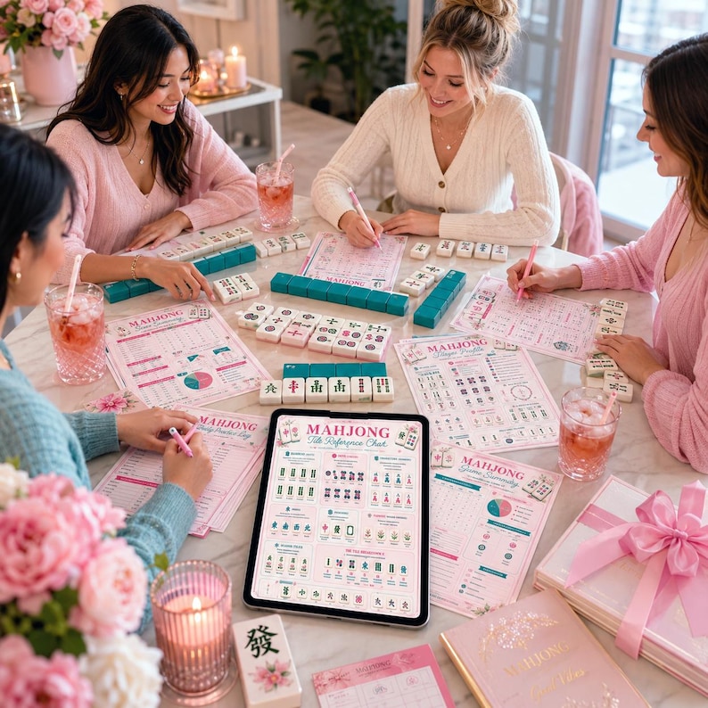 May include: Four women playing mahjong at a table. The game includes pink and teal tiles, reference charts, and a tablet displaying a tile reference chart. Pink flowers and drinks are also on the table.