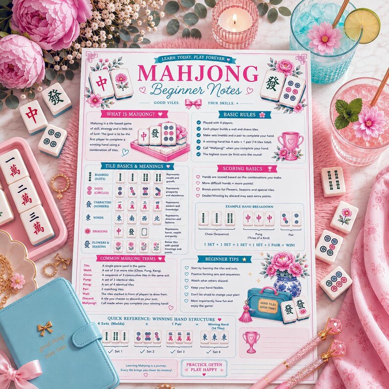 Rules For Mahjong Mahjong Beginner Notes Printable, Mahjong Rules Cheat Sheet & Learning ...