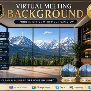 May include: A virtual meeting background image featuring a modern office with a mountain view. The image includes text that says "Virtual Meeting Background" and "Modern Office with Mountain View". The image also includes the text "Ultra High Resolution" and "Instant Download".
