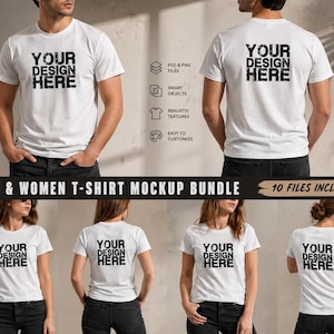 May include: A mockup bundle featuring white t-shirts with the text "YOUR DESIGN HERE" in black. The image shows front and back views of the shirts on both male and female models. The bundle includes 10 files.