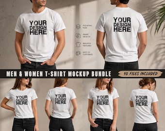 May include: A mockup bundle featuring white t-shirts with the text "YOUR DESIGN HERE" in black. The image shows front and back views of the shirts on both male and female models. The bundle includes 10 files.