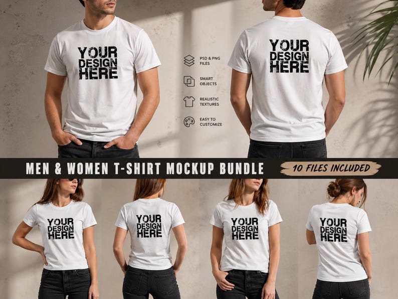 May include: A mockup bundle featuring white t-shirts with the text "YOUR DESIGN HERE" in black. The image shows front and back views of the shirts on both male and female models. The bundle includes 10 files.