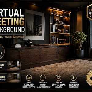 May include: A digital background image for virtual meetings. The image shows a dark, luxurious interior with a bookshelf, artwork, and a plant. Text on the image reads "Virtual Meeting Background" and "Professional. Stylish. Impressive."