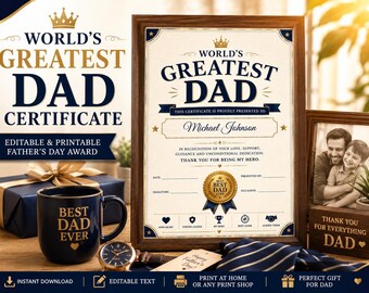 Certificato di "Papà migliore del mondo", premio modificabile per la Festa del papà (download stampabile)