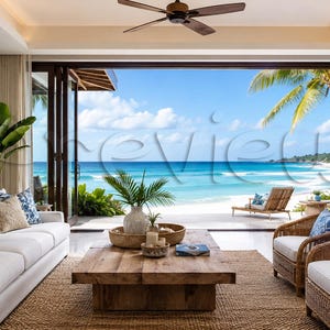 May include: A bright, airy living room with a view of a tropical beach. White sofa with blue pillows, a wooden coffee table, and wicker chairs. Large glass doors open to a sandy beach, blue ocean, and palm trees.