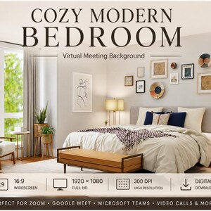 Könnte beinhalten: Ein digitales Bild eines Schlafzimmers mit einem Bett mit beiger Bettwäsche, marineblauen Kissen und einer Holzbank. An der Wand hängt eine Galerie aus gerahmter Kunst und geflochtenen Körben. Text: COZY MODERN BEDROOM Virtual Meeting Background 16:9 1920 x 1080.