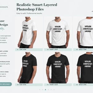 May include: A mockup showcasing white and black t-shirts with the text "YOUR DESIGN HERE" in various views. The image includes text that says "Realistic Apparel Mockups" and "Photoshop Files".