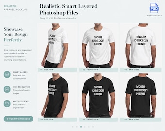 May include: A mockup showcasing white and black t-shirts with the text "YOUR DESIGN HERE" in various views. The image includes text that says "Realistic Apparel Mockups" and "Photoshop Files".