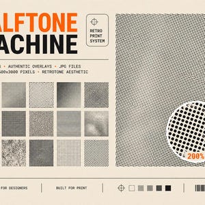 May include: A beige graphic design featuring the words "HALFTONE MACHINE" in orange and black. The image showcases various halftone textures, including dots and lines, with the text "30 TEXTURES" and "RETROTONE AESTHETIC". A circular detail shows a 200% zoom of a halftone pattern.
