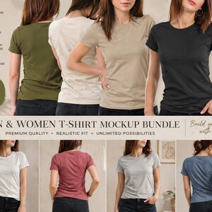 May include: A mockup bundle featuring various t-shirts in different colors, including olive green, cream, tan, and black. The image displays the front and back of the shirts, showcasing the design and fit. The text on the image says "MAN & WOMEN T-SHIRT MOCKUP BUNDLE".