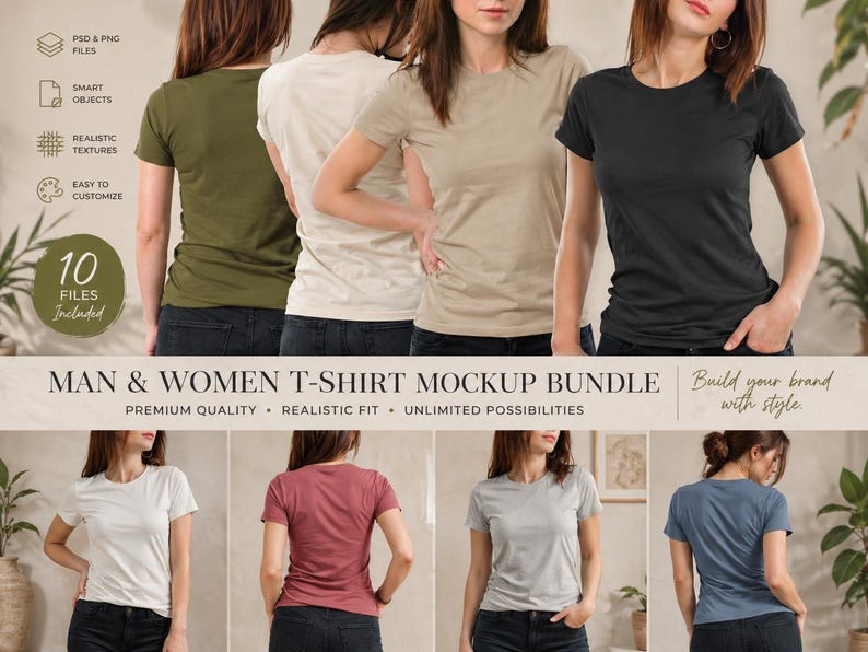 May include: A mockup bundle featuring various t-shirts in different colors, including olive green, cream, tan, and black. The image displays the front and back of the shirts, showcasing the design and fit. The text on the image says "MAN & WOMEN T-SHIRT MOCKUP BUNDLE".
