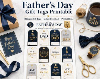 Etichette regalo per la Festa del Papà, design eleganti blu navy e oro (download digitale)