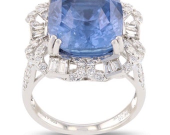 Handmade Platinum Fine Gia Certified 14.51ct Unheated Blue Sapphire Diamond Ring...