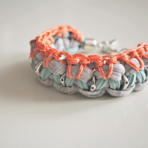 Boho bracelet, Fabric Bracelet, Crochet Bracelet, Jersey Bracelet, Macramé Bracelet, Leather Bracelet, Orange, mint grey, Pulsera de macramé