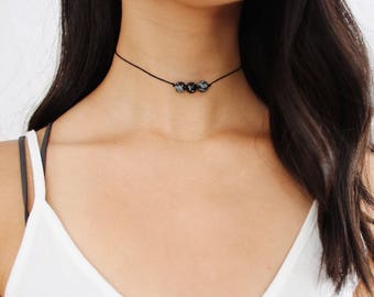 black obsidian marble snowflake beaded choker necklace - triple bead obsidian snowflake beads, black cord, minimal, modern, delicate, dainty