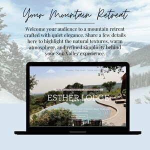 May include: A laptop screen displaying a website for Esther Lodge, a Sun Valley Idaho vacation rental. The webpage features a swimming pool, outdoor lounge chairs, and text including Your Mountain Retreat and Explore The Stay.