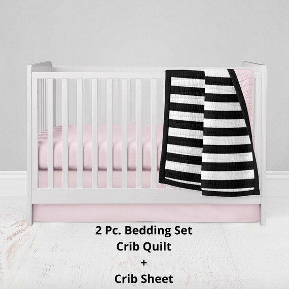 Pink 2 Piece Crib Bedding Set Black and White Stripe Baby Quilt Blush Pink Fitted Crib Sheet Modern and Minimal Girl Nursery Theme Etsy UK
