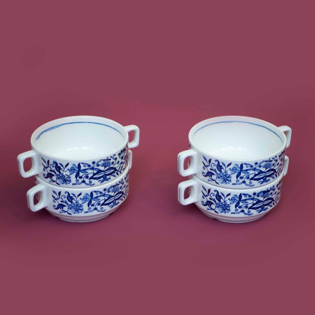 Vintage Boch Belgium 'zwiebel' Antique Soup Bowls, Blue and White