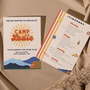 Retro 1970s Camp Bachelorette Invitation and Itinerary, Instant Download, Printable, Vintage Camp, 1980s Camping Bachelorette