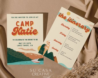 Retro 1970s Summer Camp Bachelorette Invitation and Itinerary, Instant Download, Printable, Vintage Camp, 1980s Camping Bachelorette