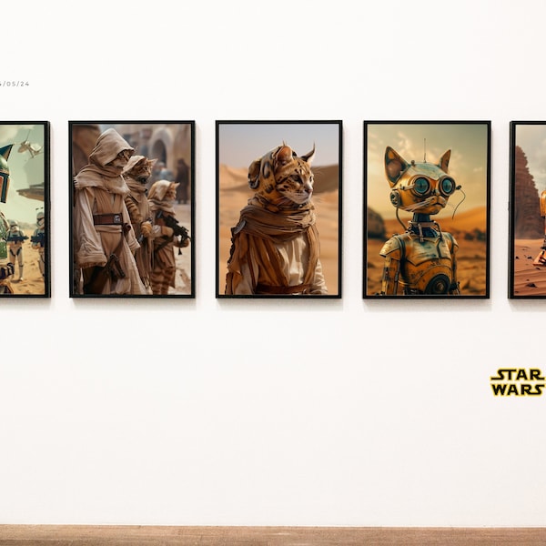 5 Star Wars Cat Wall Art Prints, Tatooine Desert, Boba Fett, C-3P0, R2-D2, Princess Leia, Luke Skywalker, Obi-Wan Kenobi, Cats in Space.