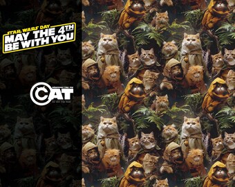 Star Wars Ewok Katzen-Geschenkpapier, luxuriöses Katzen-Geschenkpapier, kitschiges Star Wars-Weltraumthema, Katzenliebhaber, Spendenaktion für Rettungskatzen in Vietnam