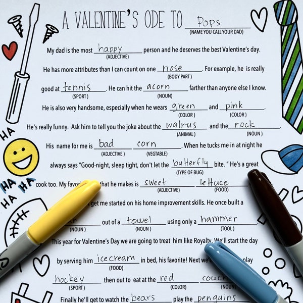 Valentine's Mad Lib and Coloring Page for Dad - Digital Download