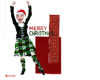Può includere: Un biglietto di Natale con una persona che indossa un kilt verde e un cappello da Babbo Natale, che balla su uno sfondo rosso e dorato con un motivo. Il testo "Merry Christmas" è scritto in lettere nere.