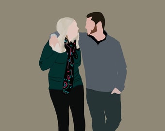 May include: A couple standing close together, looking at each other. The woman is wearing a green jacket, black pants, and a patterned scarf. The man is wearing a gray sweater and blue jeans.