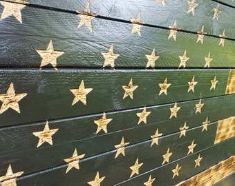 Rustic Wooden Burnt, Ebony Stained, Carved Burnt Stars, Wooden American Flag,  72"X39" Wood Flag, Christmas Gift, Birthday Gift