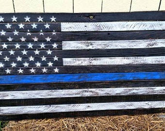 Thin Blue Line Flag, Rustic pallet flag 36"X19 1/2, Christmas Gift, Birthday Gift