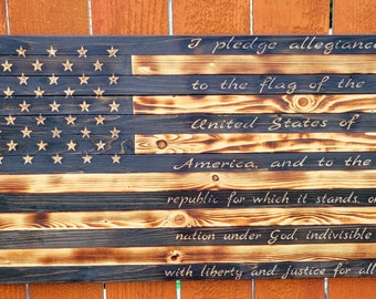 Rustic Wooden American Flag, Pledge Of Allegiance Stained Flag Pallet Flag,  Burnt With Ebony Stain American Flag, Wood Flag, 36"X19 1/2"