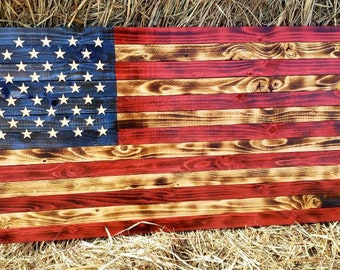Rustic Wooden American Flag, Stained Flag Pallet Flag,  Burnt American Flag, Wood Flag, 36"X19 1/2" Raised Wood Star, Christmas Gift
