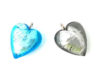 2 Czech Lampwork Heart Pendant, Necklace Pendant, Dangle Heart, Heart Charm, Bracelet Charm, Earring Charm Silver Foil Smoky Quartz 16mm LW2