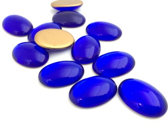 4pc 18x25 Cobalt Blue Oval Glass Cabochon, Czech Flat Back Cabochon, Vintage Cabochon, Pendant Cabochon, Ring Cabochon, Gold Foiled 0041C