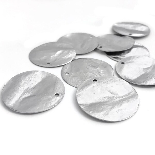 6pc 25mm Hammered Disc Pendant, Pendant Blank, Rhodium Plated Round Disc, Circle Brass Pendant, Silver Disc Charm, Made In Italy, 1-4/8