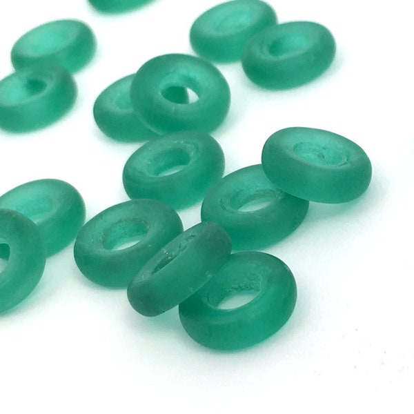 30 Teal Green Glass Donut Beads Vintage Czech Beads  Large Hole Beads Frosted Matte Beads, DIY Craft, 3x9, 2597F CF3-2