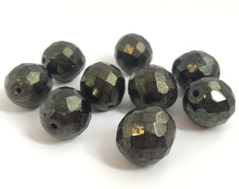 4 Large Faceted Beads, 16mm Czech Fire Polished Beads Green Picasso, Round Spacer Beads, Vintage Bohemian Beads, Beading Supplies, 1442A