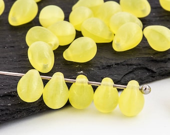 5x7 Opal Yellow Teardrop Bead, Czech Glass Bead, Small Drop, Pressed Bead, Bohemian Bead, 2446J, 50pc, CJ5-2