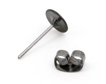 Stainless Steel Earring Post, 6mm Pad and Earring Back, Earstud, Ear Pin, Gunmetal, Cabochon Earring, DIY Earring, Earring Findings, 1-3/5