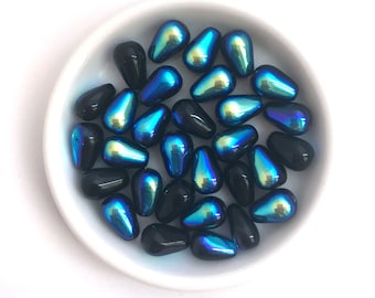 30 Jet Black AB Teardrop Bead Drop Charm Rideau Perle vintage Tchèque Verre Perle Boho Perle DIY Craft Perle 6x9 A0028A AA1-1