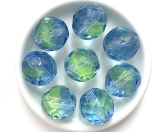4pc 14mm Two Tone Bead Czech Fire Polished Bead Faceted Glass Bead Round Spacer Bead Large Glass Bead Chunky Bead Blue Green 1421F FP4-6